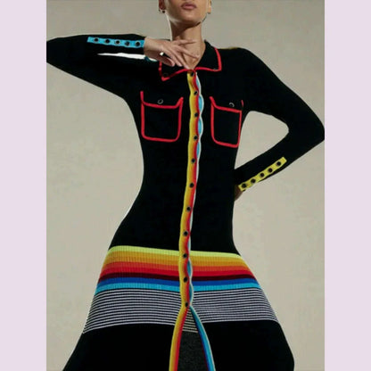 Freeacy Women's Colorful Striped Skinny Dress Lapel Neck Long Sleeves Single-breasted Ankle-Length Dress Autumn Women's Clothing