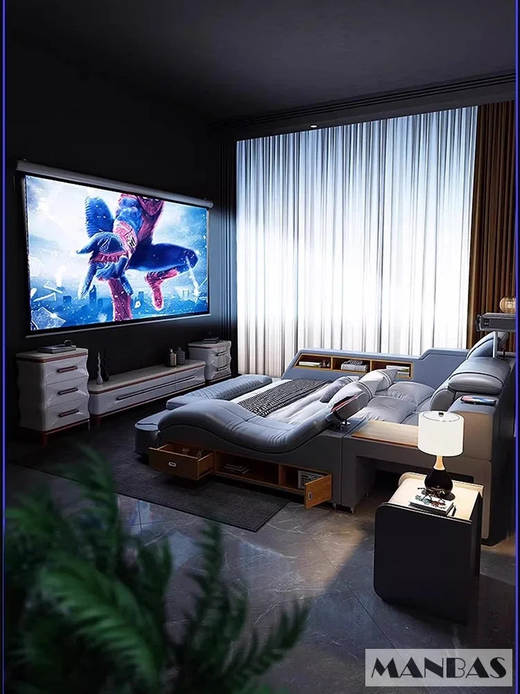 MINGDIBAO Luxury King Size Genuine Leather Bed / Tech Smart Bed / Multifunctional Ultimate Beds / Massage Bed with USB,Projecter