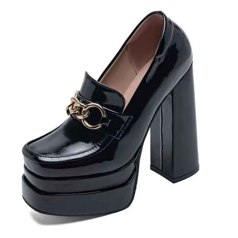 SIMLOVEYO Women Fashion Pumps Round Toe Chunky Heels 14cm Double Platform 4cm Slip On Metal Decor Big Size 43 44 45...