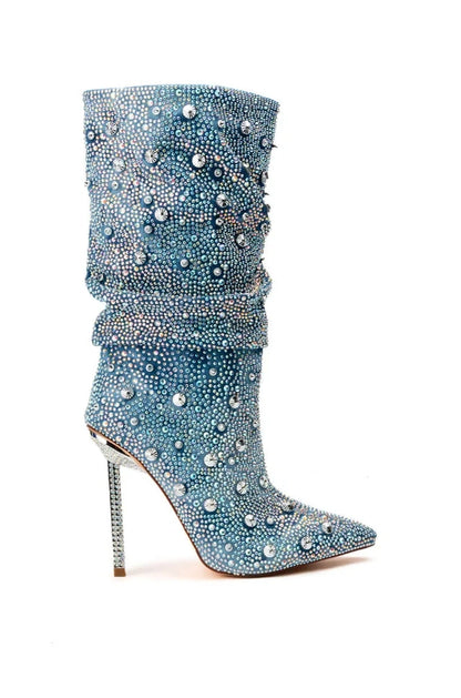 2025 Women Sexy Luxury Banquet Pointed Women's Short Boots Thick Square High Heels Shiny Rhinestones Club Mid-calf Modern Boot