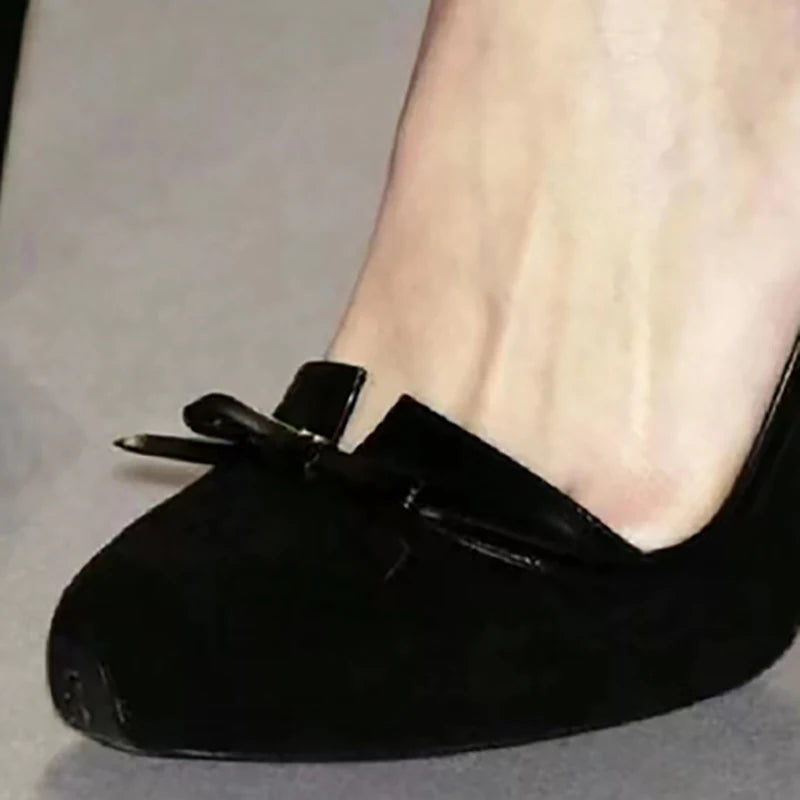 Black Vintage Bow Pumps Spike High Heels Round Toe Suede Upper Unique Elegant Women Summer Slip On Casual Office Lady Shoes