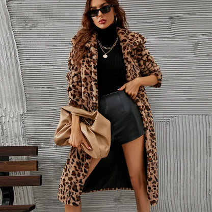 Autumn Winter New Fashion European American Women's Leopard Casual Trendy Loose Faux Fur Coats Female Daily Luxury Clothes Tops