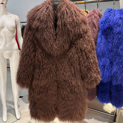 YOLOAgain 2025 Winter Warm Turn-Down Collar Real Mongolia Sheep Fur Jacket Long Women Plus Size 6XL Outerwear