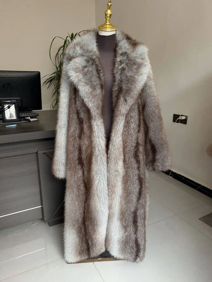 LHXDW New Style Women's Faux Fur Coat Long Waistband Design New Style with Black Imprint and Large Collar Faux Fur Jacket - Kimlud