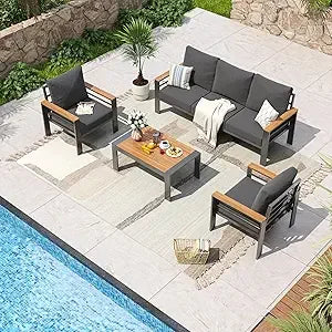 Aluminum Patio Furniture Set 7 Seats, Oversized Outdoor Sectional with Washable Thick Cushions, Coffee Table and...