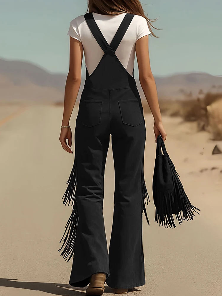 V Neck Tassel Button Patchwork Jumpsuits, Women Holiday Casual Wide Leg Pants Playsuits, 2026 Sleeveless Autumn Winter Overalls