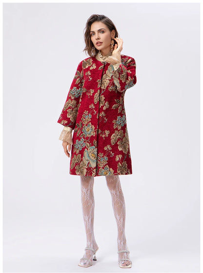 Autumn Winter New Women's Velvet Beaded Round Neck 3/4 Sleeve Burgundy Mid-Length Coat Chenille Texture Luxury Jacket