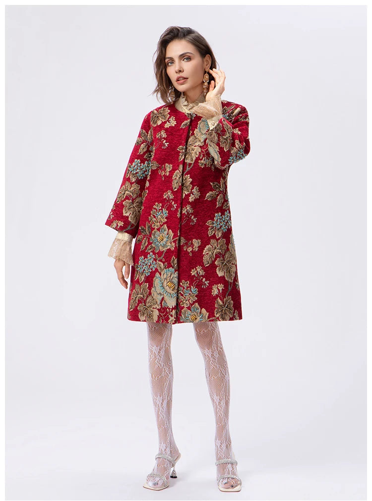 Autumn Winter New Women's Velvet Beaded Round Neck 3/4 Sleeve Burgundy Mid-Length Coat Chenille Texture Luxury Jacket