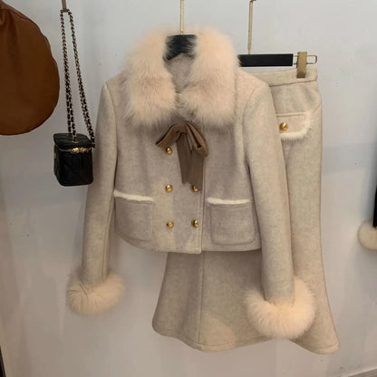 2025 Winter Thickened Korean Drama Luxury Main Character Clothing Set Small Fragrance Style Half-length Skirt Woolen Two-piec...