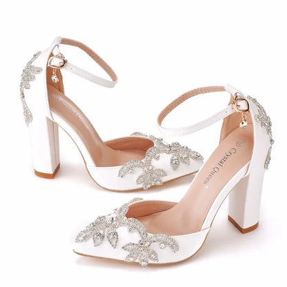 Summer Brand Women Sandals Party Flower Rhinestone Cover Heel 10.5 CM Square Heel Lady Wedding Hot Sale Lovely Women Shoe - Kimlud