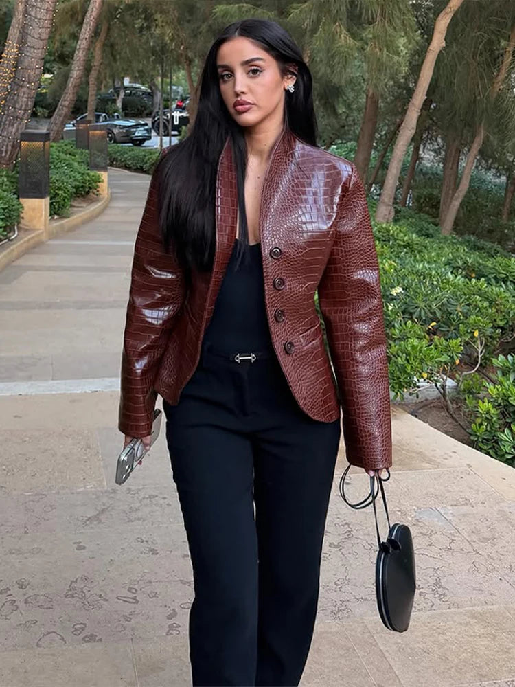 Street Print Pu Leather Women Jacket Fashion Long Sleeve O-neck Single Breasted Female Outwear 2026 Autumn Lady...
