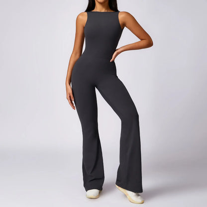 Hollow Out Backless One Piece Yoga Jumpsuit Women Sport Sleeveless Fitness Gym Suit Workout Exercise Skinny Flare Bodysuits