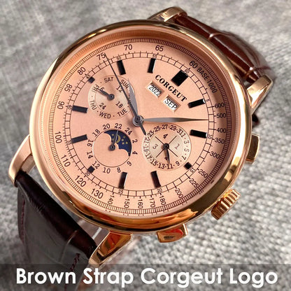 Corgeut Multi Functional Watch Automatic Mechanical Watch for Men 42mm Day Date Month Year Day/Night ST1655 Movt Polished Case