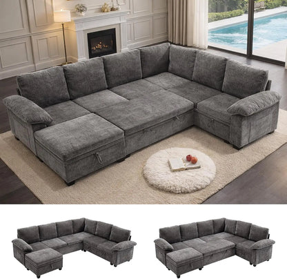 108 Inch Sectional Sleeper L Shaped Sofa with Pull Out Bed, 7 Seat Modular Sectional Sofa with Storage, Modern Chenille...
