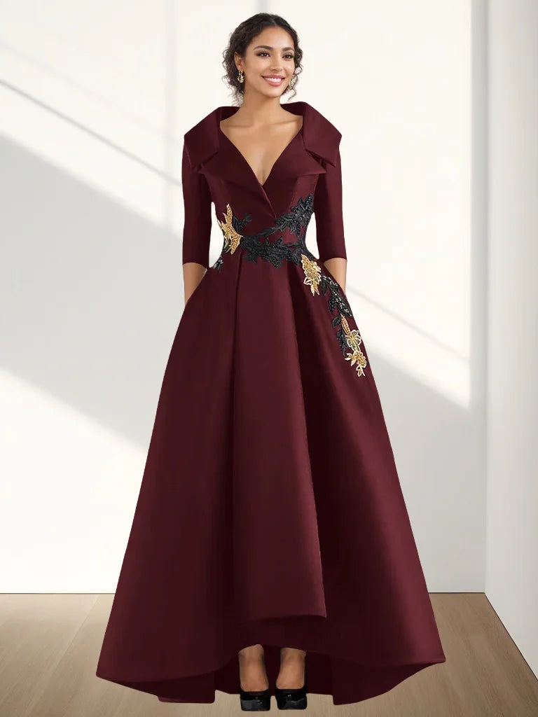 A-Line Evening Gown Vintage Elegant Dress Floor Length 3/4 Length Sleeve V Neck Satin with Beading Appliques 2024