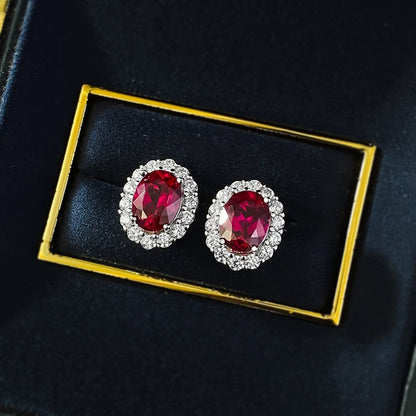 Wong Rain Vintage 100% 925 Sterling Silver Oval Cut 6*8 MM Ruby Sapphire High Carbon Diamond Gemstone Ear Studs Earrings...