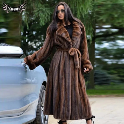 BFFUR Real Mink Full Pelt Mink Fur Coat Winter Women Fashion Warm Clothing Natural Fur Coats Lurxury Collar Fur Long Mink Jacket