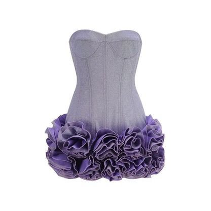 Stereoscopic Flowers Back Laceing Strapless Solid Bandage Mini Evening Dress Sweet Woman Birthday Party Patchwork Lace Up Dress