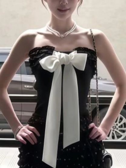 New Summer Sexy Bow Elegant 2 Piece Set Women Y2k Vintage Strapless Tops + Mini Skirt Harajuku Fashion Female Party Chic...