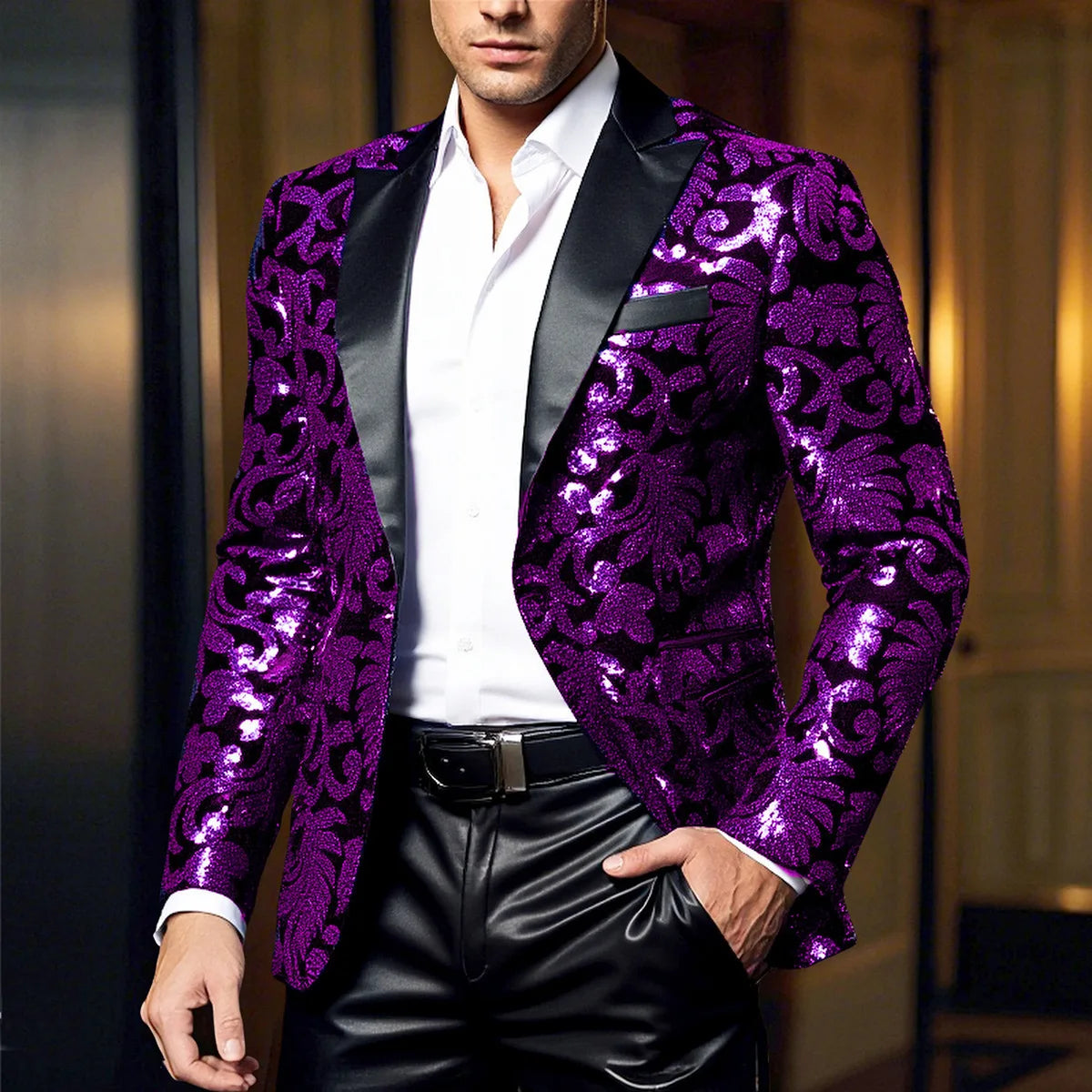 Shiny Sequin Embellished Single Button Stage Performance Outerwear in Blue Gold Green Purple Options for Men's Red Suit...