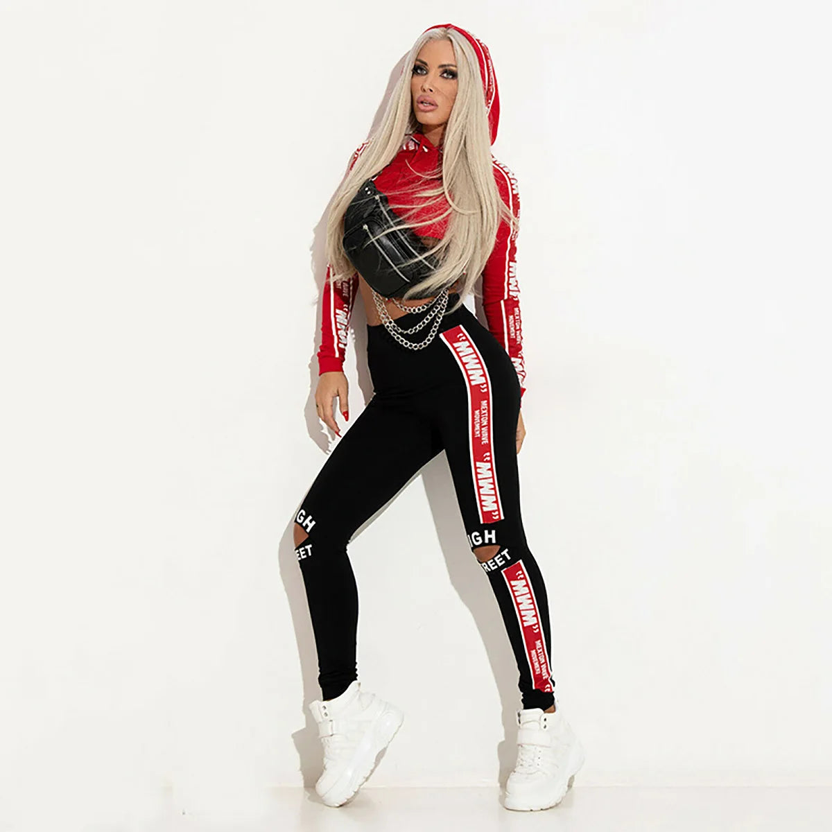 Oshoplive Women Fashion Letter Printed Crop Hoodies Long Sleeves Tops & Holes Pants Sports Suits Gym Sportswear Two...