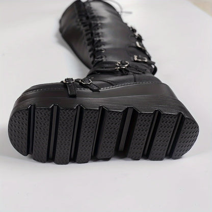 Women's Gothic Punk Thigh High Boots Fashion Side Zipper Lace-up Wedges High Heels Platform Coaplay Boots Woman