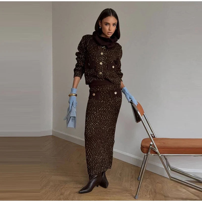 Fashion Knitted Long Skirts Sets Women Lapel Full Sleeve Single Breasted Sweater Hip Package Slim Skirt 2026 Spring Lady Outfits