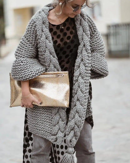 Hand-woven Split Wild Tassels Hook Twist Sweater Coat Crocheted Cardigan Autumn and Winter Thick Long Lantern Sleeve...
