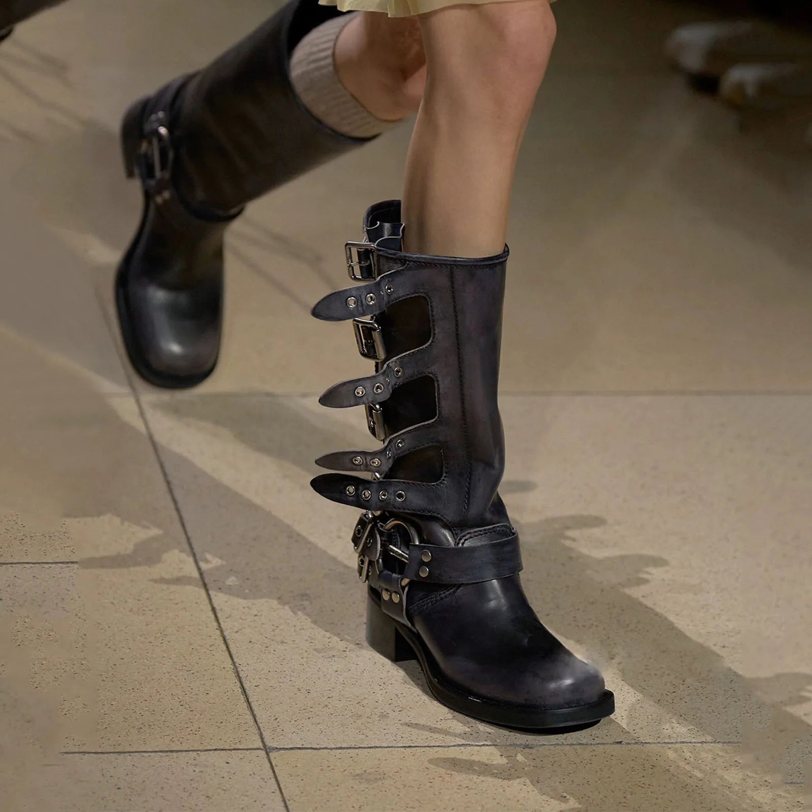 Arden Furtado 2025 Genuine Leather Platform Rivet Motorcycle boots Round toe Belt buckle Block heel mid wide calf Western boots