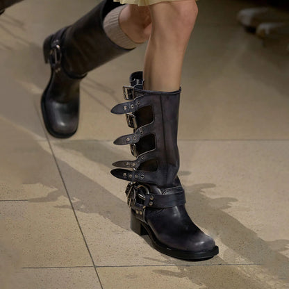 Arden Furtado 2025 Genuine Leather Platform Rivet Motorcycle boots Round toe Belt buckle Block heel mid wide calf Western boots