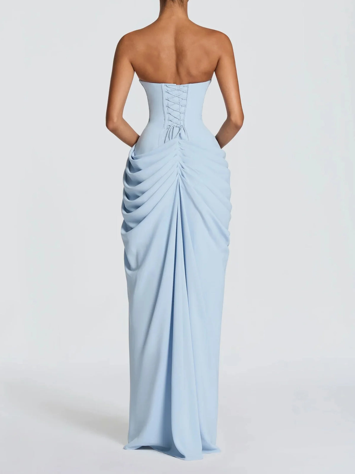 Ofherown Light Blue Strapless Corset Evening Dress Prom Gown Ruched Chiffon Formal Party Maxi Dress With High Slit  Lace-Up Back