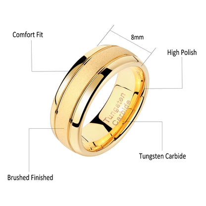 Men's Golden Color Wedding Rings 8mm Tungsten Carbide Frosted Band Charm Jewelry for Men Size 7-13