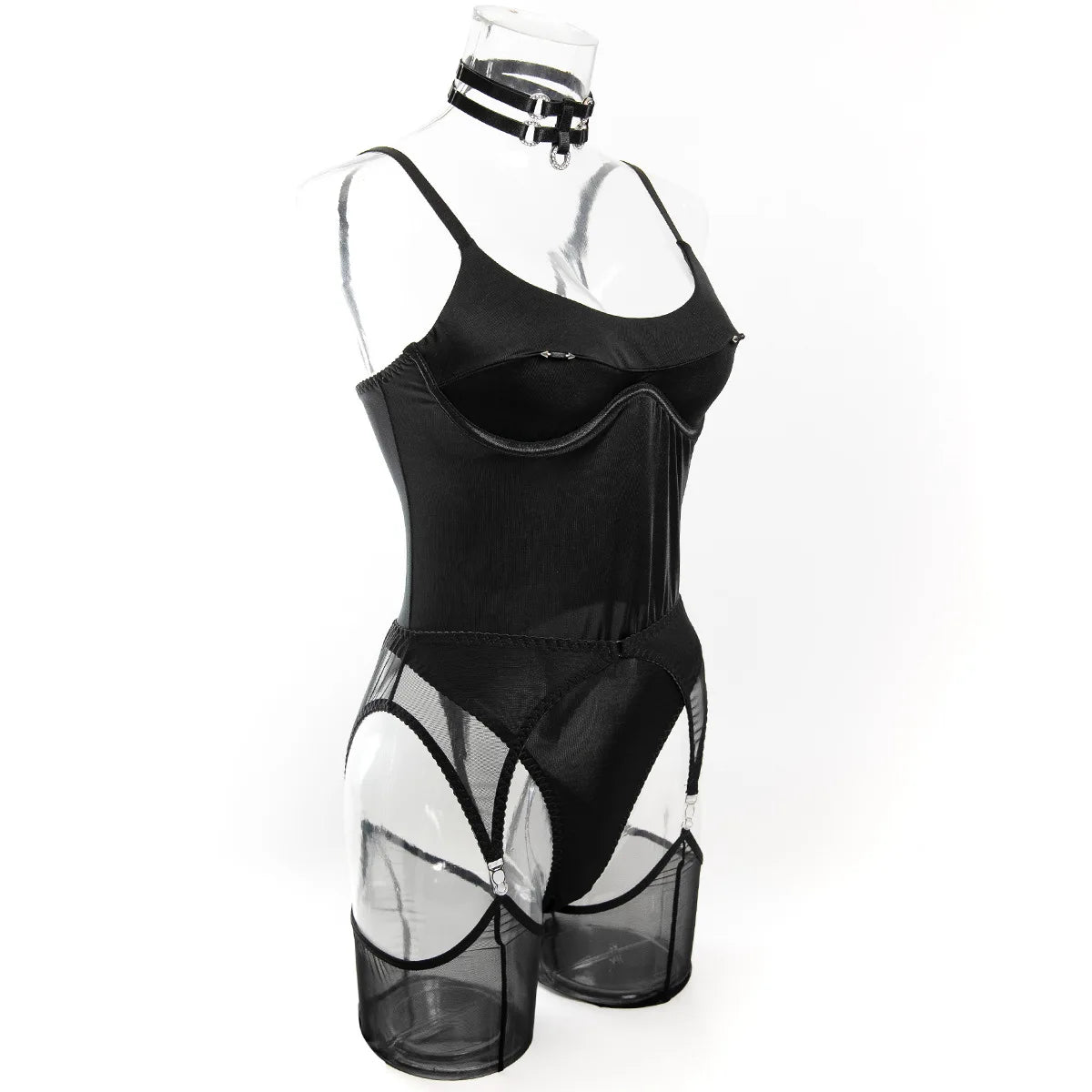 Ellolace Solid Women's Lingerie Sets Willowy Open Crotch Bodysuit 5PC Stunning Metal Decor Dance Party Stockings...