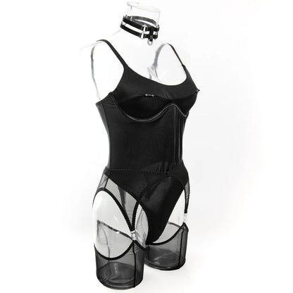 Ellolace Solid Women's Lingerie Sets Willowy Open Crotch Bodysuit 5PC Stunning Metal Decor Dance Party Stockings...