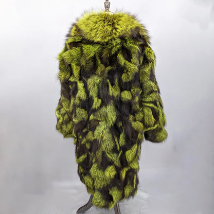 Women’s Genuine Real Fox Fur Patchwork Long Coat, Green‑Brown Color‑Block Wide Lapel Collar, Loose‑Fit Fluffy Luxury 260628