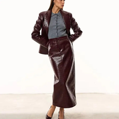 IG Women Burgundy Croc Faux Leather 2 Piece Suit Set Notched Lapel Slim Blazer Jacket High Waist Midi Pencil Skirt...