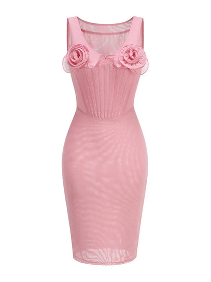 Sexy V Neck Corsets Floral Mesh Midi Dress Women Pink Sleeveless 3D Flowers Slim Dresses Elegant Summer Evening Club...