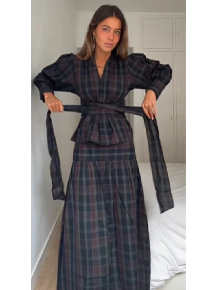 Casual Lace Up Pleated Checkered Set Women Elegant Full Lantern Sleeve Coat Long Skirt Sets Lady Daily Commute Office outfits