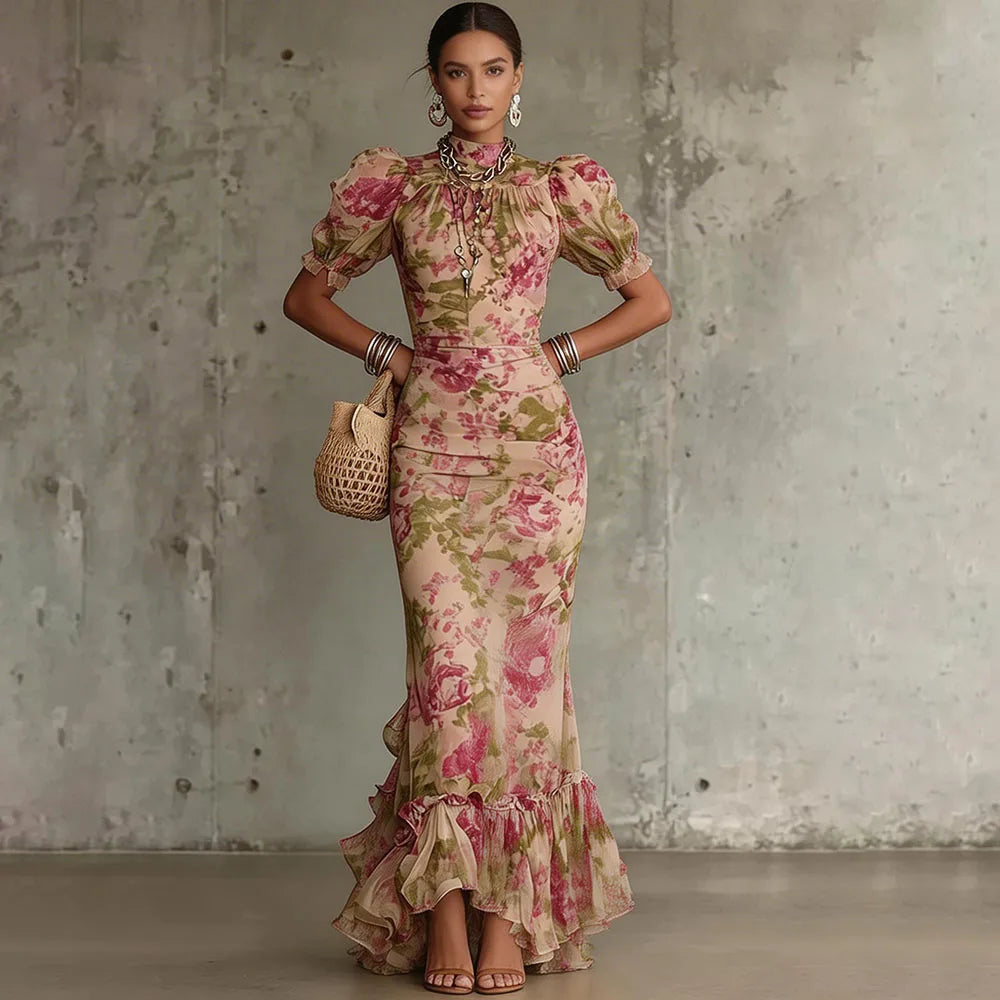 Sexy Bodycon Floral Long Dresses For Women Summer 2026 Fashion Short Sleeve O-neck Slim Maxi Dresses Elegant | Kimlud...