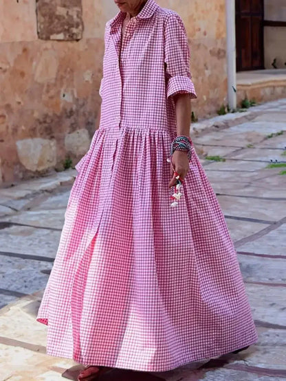 DSMTRC Women Spring Autumn Long Sleeve Loose Going Out Vacation Maxi Dresses New Casual Fashion Plaid Pleated Lapel Shirts Dress