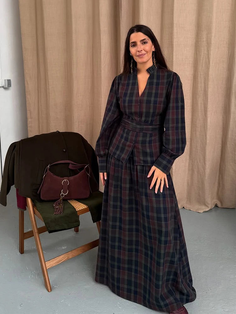 Casual Lace Up Pleated Checkered Set Women Elegant Full Lantern Sleeve Coat Long Skirt Sets Lady Daily Commute Office outfits