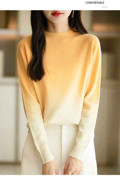 Women New Fine Wool Thickening Sweater Outwear Gradient Mock Collar Pullover Autumn Winter Bottoming Casual Warm Knitting Tops