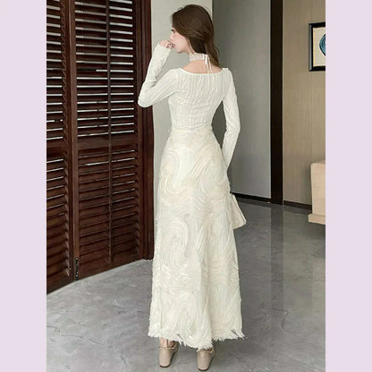 French Romantic Beige Textured Patchwork Design Elegant Square Neck Appliques Slim Elastic Knit Dress