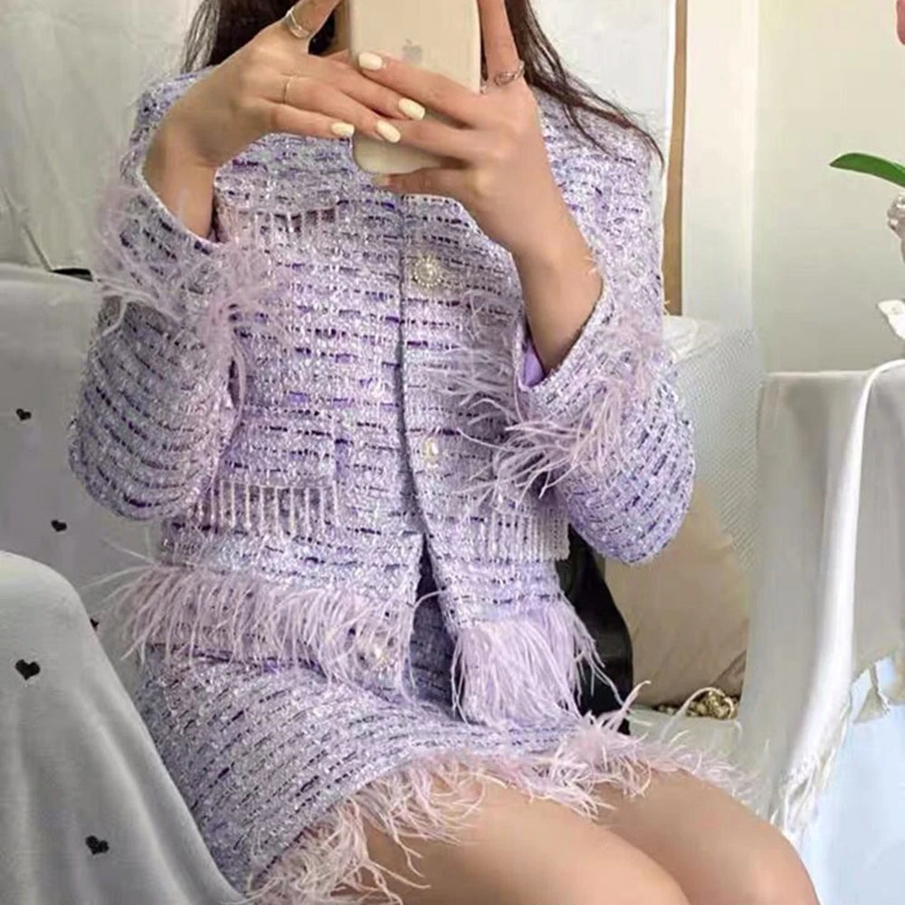 High Quality Elegant Violets Tweed Women Set Single-breasted Feather Beaded Tassel Jacket & High Waist Shorts Suit Fashion Party