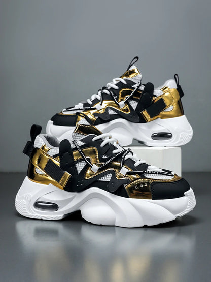Men's Casual Sneakers with Large Mesh Breathable Upper, Metallic Texture and Contrasting Color Stitching, and Trendy Webbing Accents. Thick Air-Cushioned Soles Provide Both Height Increase and Shock Absorption, Making Them Su