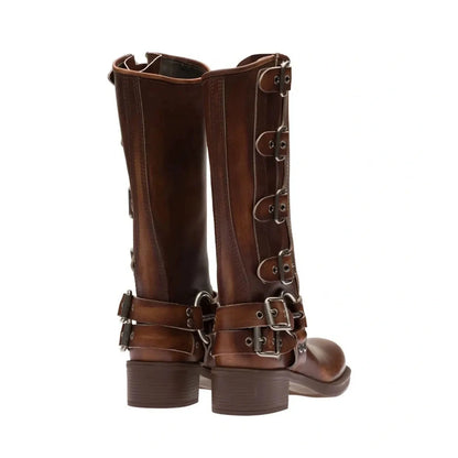 Arden Furtado 2025 Genuine Leather Platform Rivet Motorcycle boots Round toe Belt buckle Block heel mid wide calf Western boots