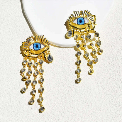 Vintage Ethnic Golden Eyes Chain Dangle Earrings For Women Fashion Jewelry Baroque Style Lady Statement Earrings  Accessories
