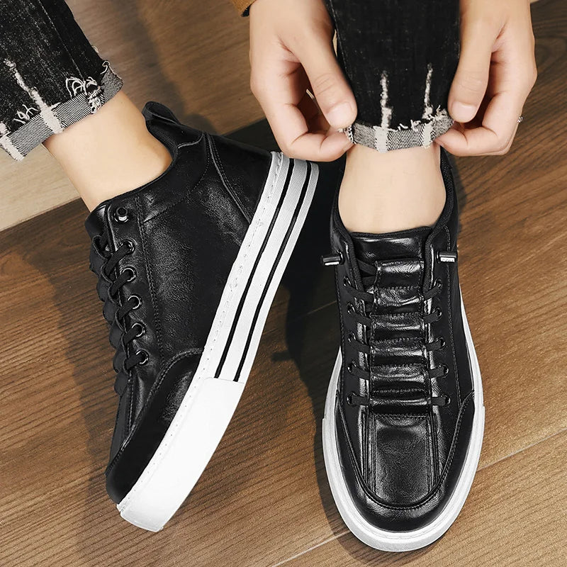 HKDQ Trend Leather Casual Shoes Men Fashion Leisure Slip-on Men's Shoes Original Design Elastic Comfortable Men Skateboard Shoes