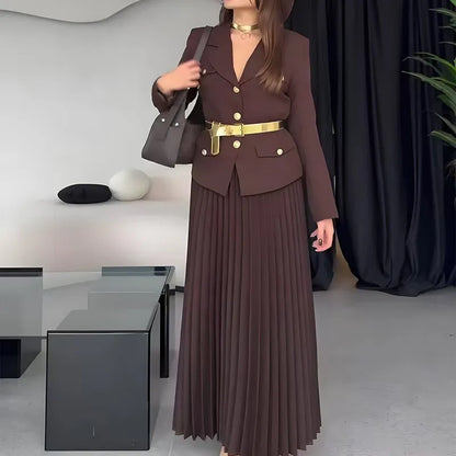 Elegant Women Two Pieces Set Single-breasted Lapel Jacket Coat Belt Pleated Midi Skirt Suit 2025 office Lady New In Matching Set