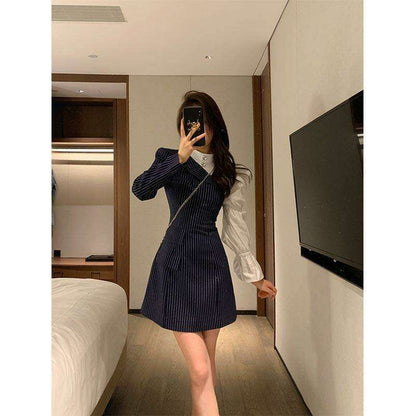Hikigawa Chic Fashion Women Elegant Patchwork Striped Dresses Office Lady Early Autumn Vintage All Match MIni Vestidos Mujer